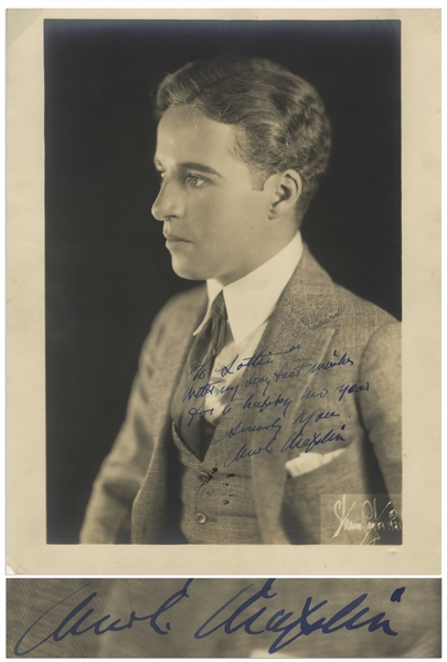 Charlie Chaplin Signed 11'' x 14'' Photo -- Gorgeous Matte Photo Signed in Bold Blue Ink by Chaplin